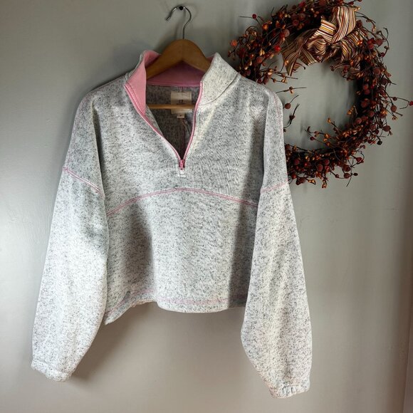 Thread & Supply Womens Quarter Zip Fleece Crop Sweater Medium Gray Pink - Picture 1 of 9